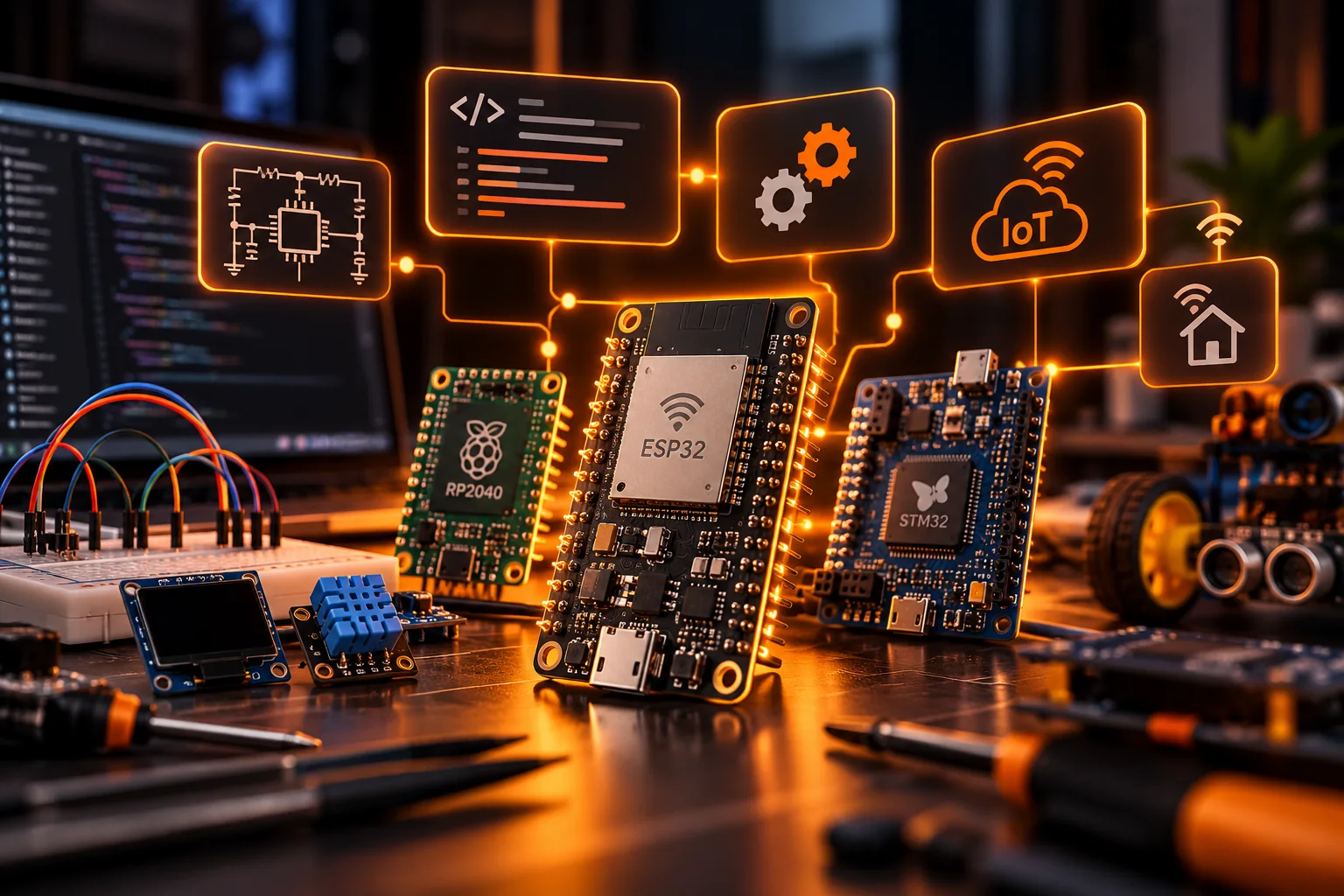 Ilustración de microcontroladores, sensores y circuitos para proyectos de electrónica e IoT